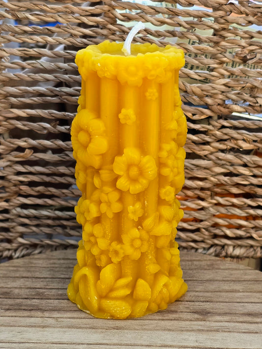 Tall Floral Pillar - Beeswax Candle