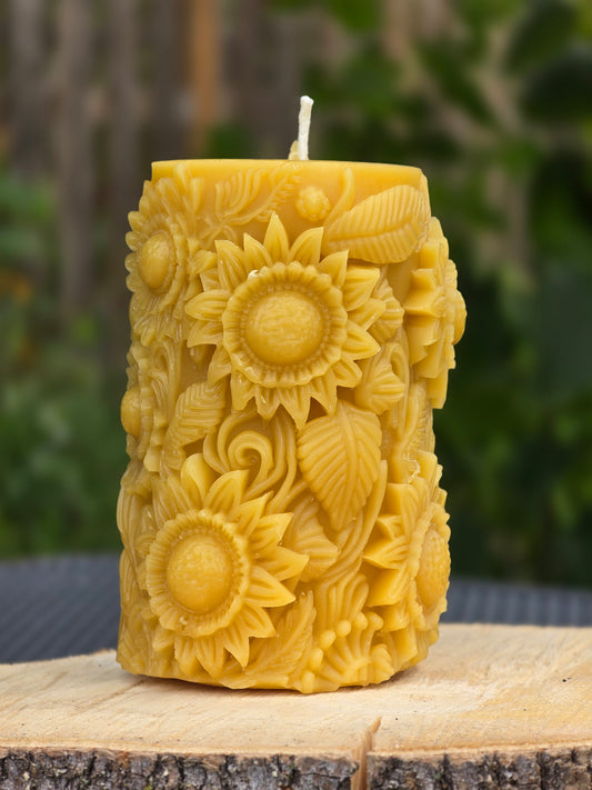 Sunflower Pillar Beeswax Candle